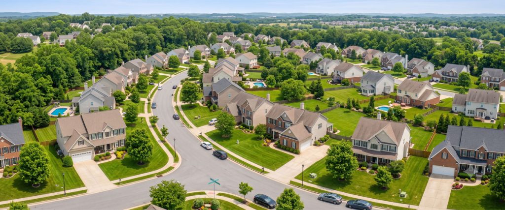 Aerial view of suburban single-family homes with green lawns and winding streets.