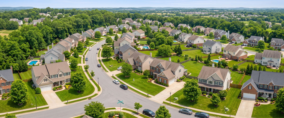 Aerial view of suburban single-family homes with green lawns and winding streets.