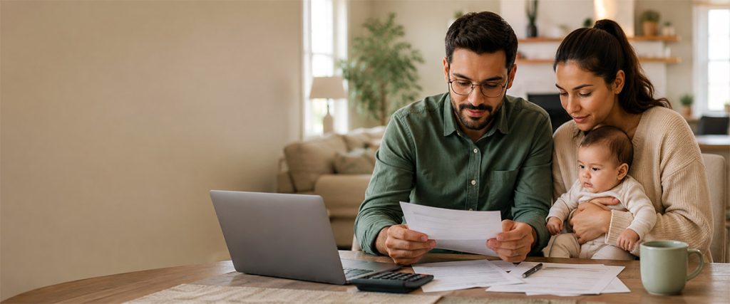 A young couple holding a baby while reviewing financial documents at a dining room table.