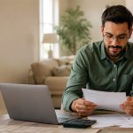 A young couple holding a baby while reviewing financial documents at a dining room table.