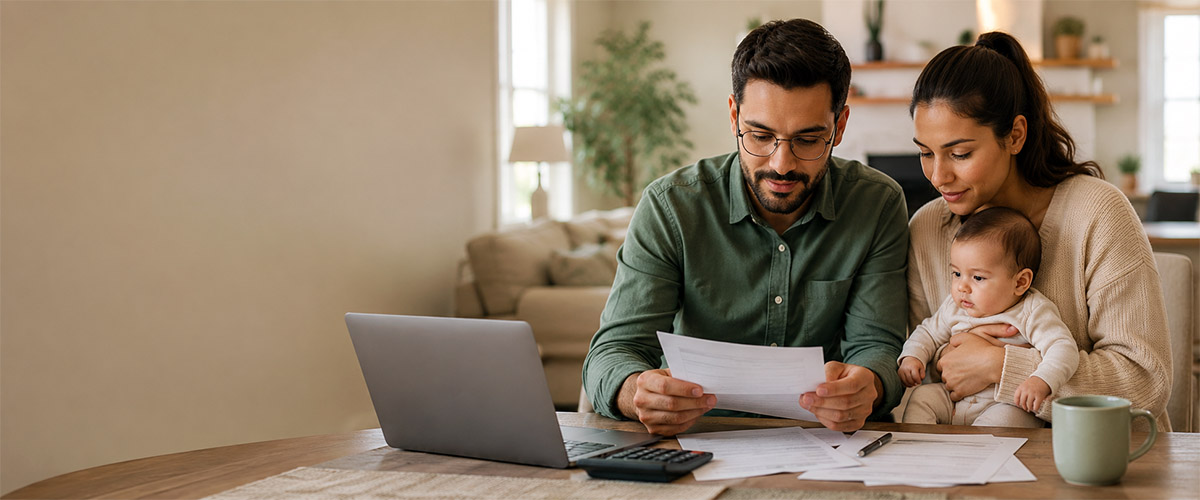 A young couple holding a baby while reviewing financial documents at a dining room table.