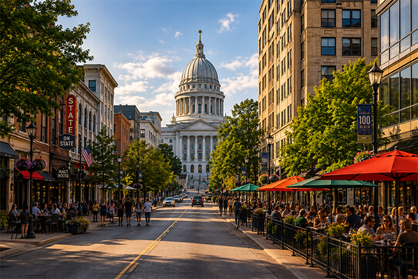 Downtown Madison, Wisconsin with the State Capitol and restaurants near the Capitol Square.