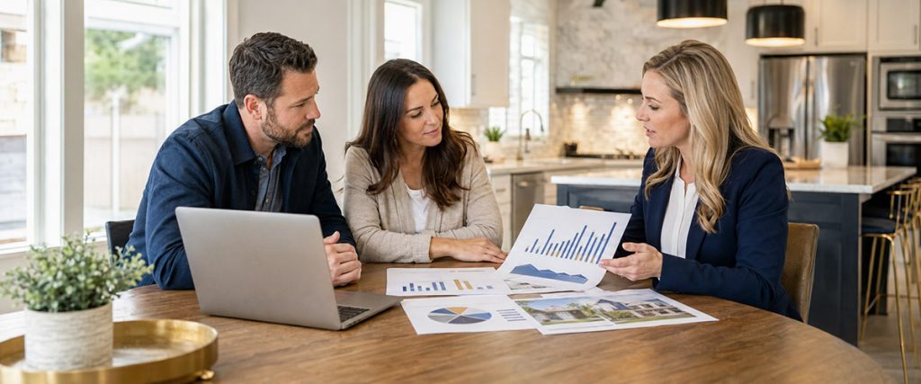 Real estate agent reviewing housing market data with two home clients.