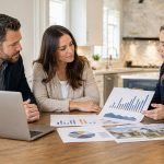 Real estate agent reviewing housing market data with two home clients.