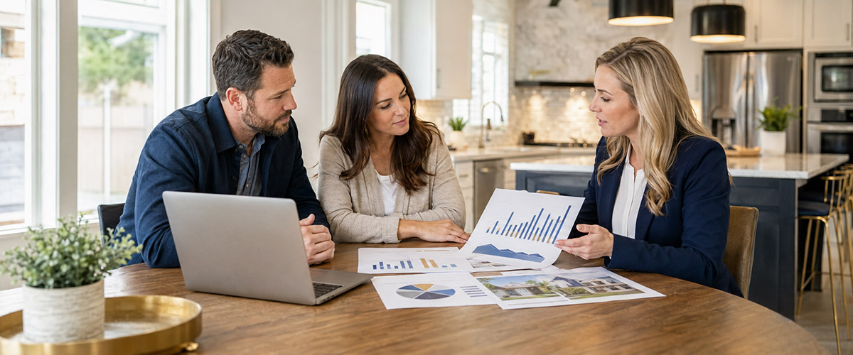 Real estate agent reviewing housing market data with two home clients.