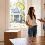 A young couple talking beside moving boxes and house keys in a bright home