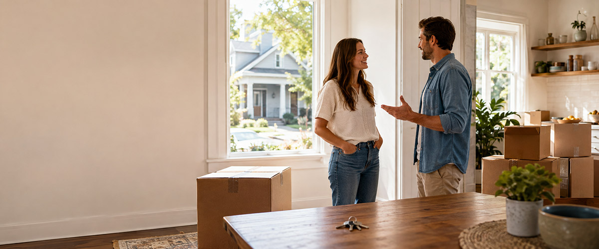 A young couple talking beside moving boxes and house keys in a bright home
