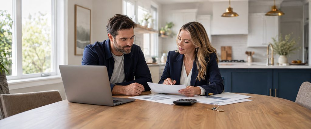Home buyer reviewing mortgage rate scenarios with a real estate agent at a kitchen table.