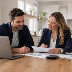 Home buyer reviewing mortgage rate scenarios with a real estate agent at a kitchen table.