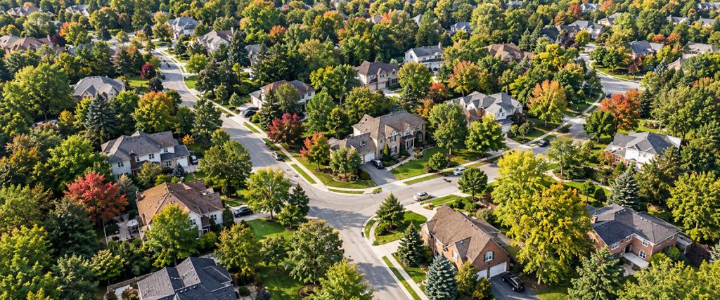 Homes and mature trees line winding streets in an aerial view of a neighborhood.
