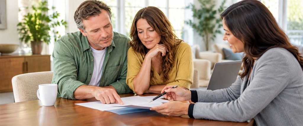 Three people review paperwork together at a table with a laptop nearby.