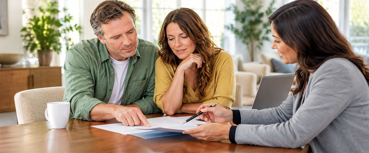 Three people review paperwork together at a table with a laptop nearby.