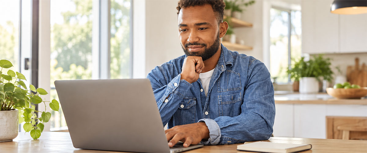 Man in a denim shirt using a laptop at a table beside a bright window.