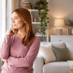 Woman in a pink sweater looking through a window in a bright living room.