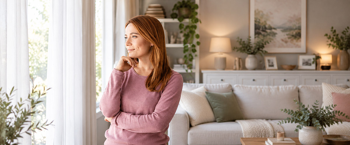 Woman in a pink sweater looking through a window in a bright living room.